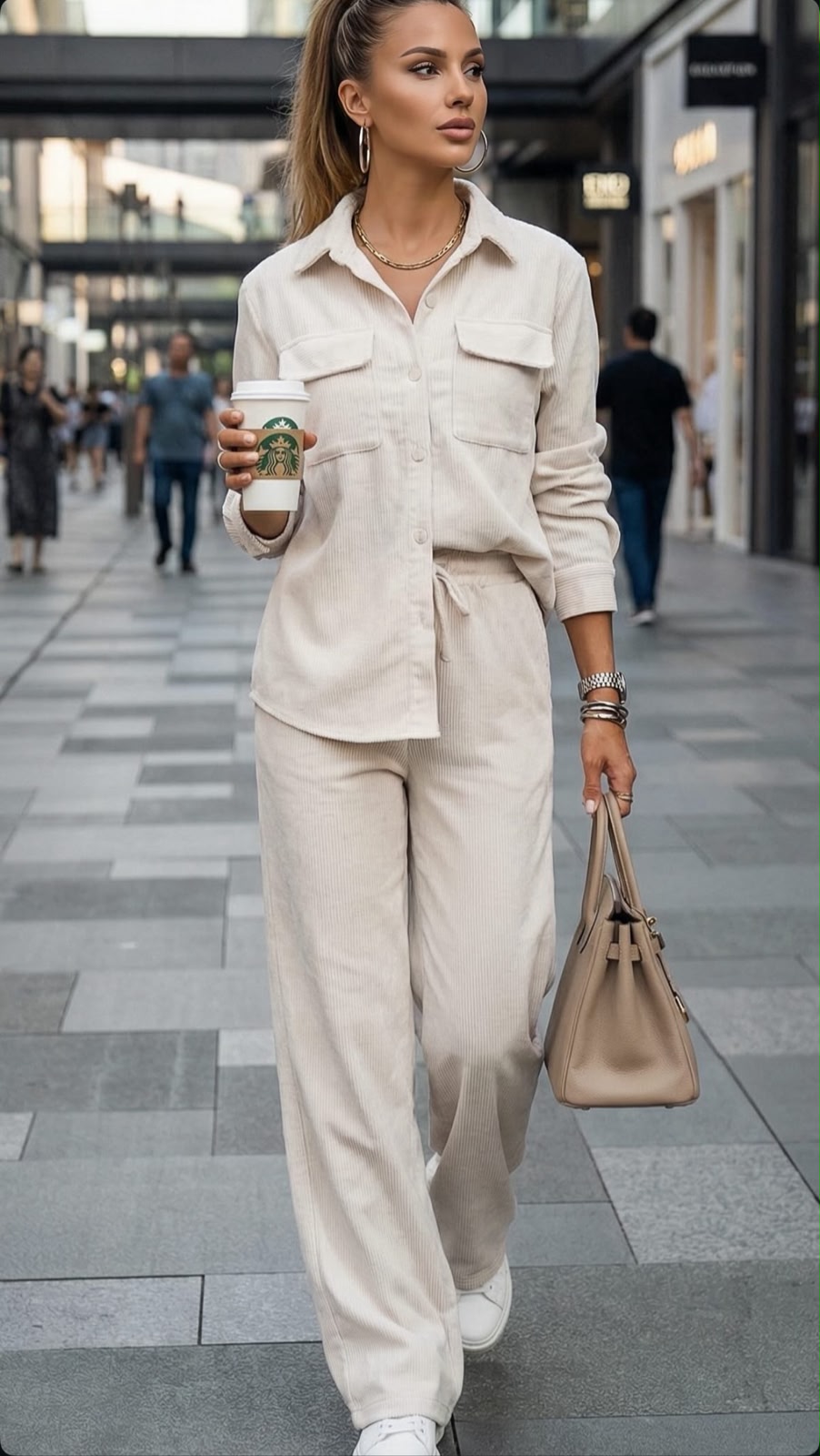 Conjunto cotelê claro com camisa e calça